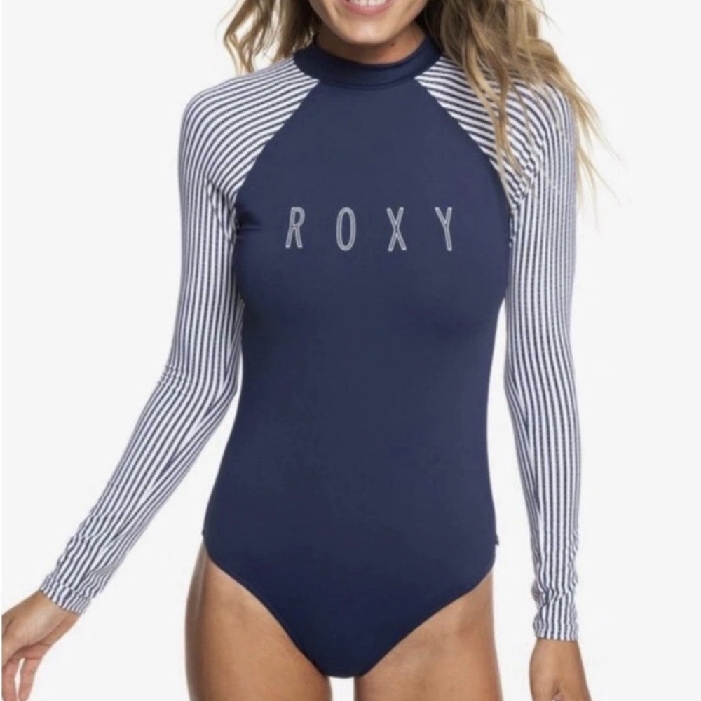 Roxy swim one piece Navy White Striped Long Sleeve Rash guard beach summer - Picture 9 of 11